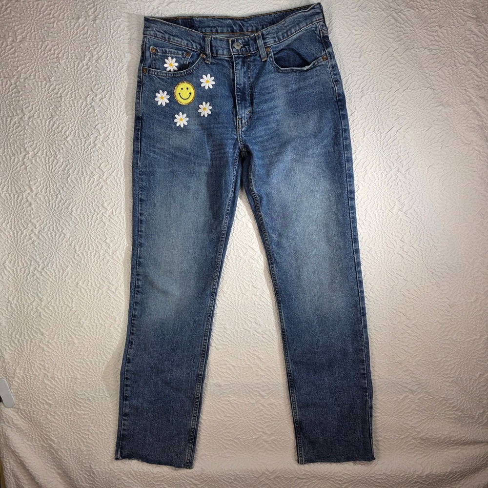 Levis 514 Straight Leg Jeans‎ Blue Daisy Smiley Face Upstyled Cropped 32x29